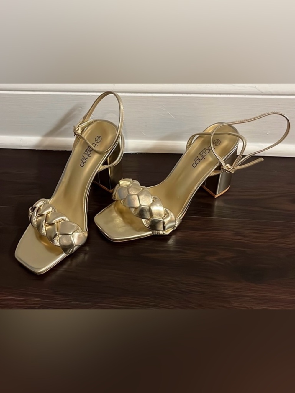 Boohoo Metallic Gold Braided Strap Mid-Heel Sandals